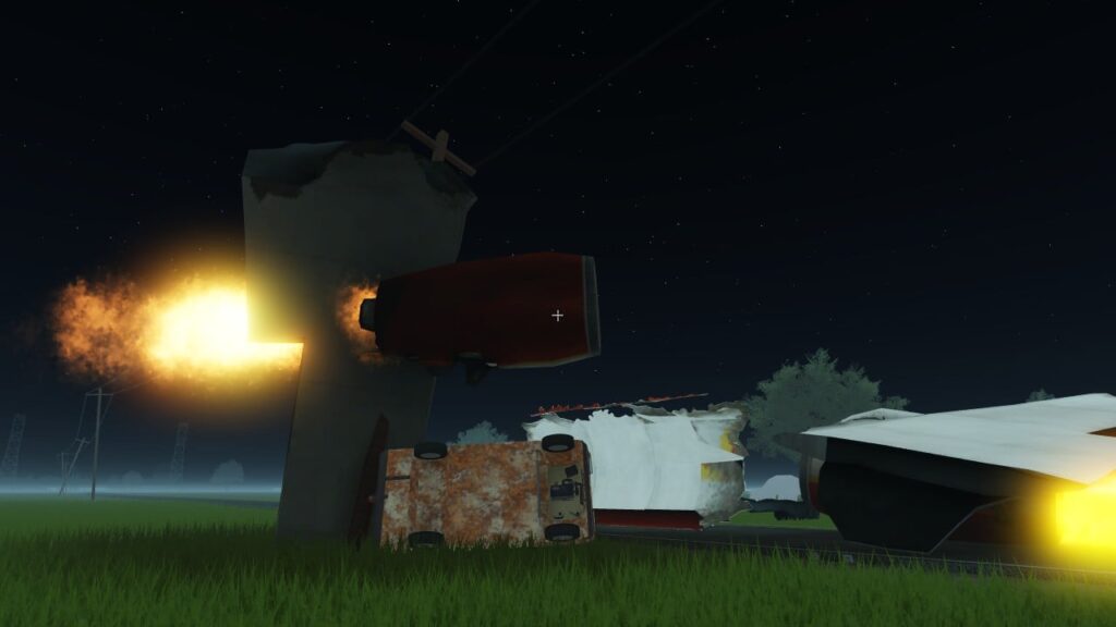 Feature image for our guide on A Dusty Trip why won't the car start. It shows a view in-game of a car on its side after getting hit with a falling plane.