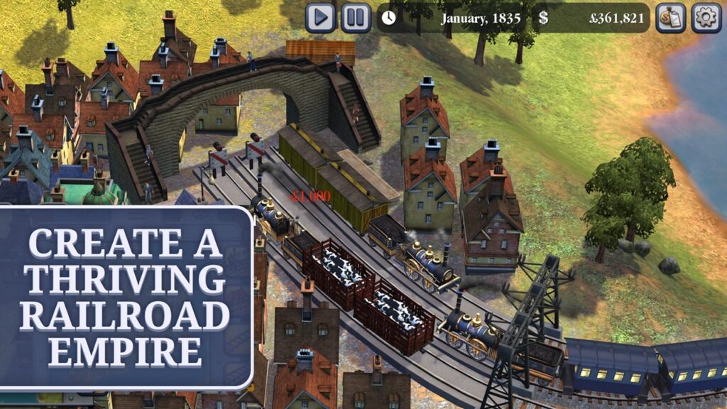 featured image for our news on Sid Meier's Railroads!. It features a train chugging down the track with houses on both sides. It's 1830s Liverpool, UK.