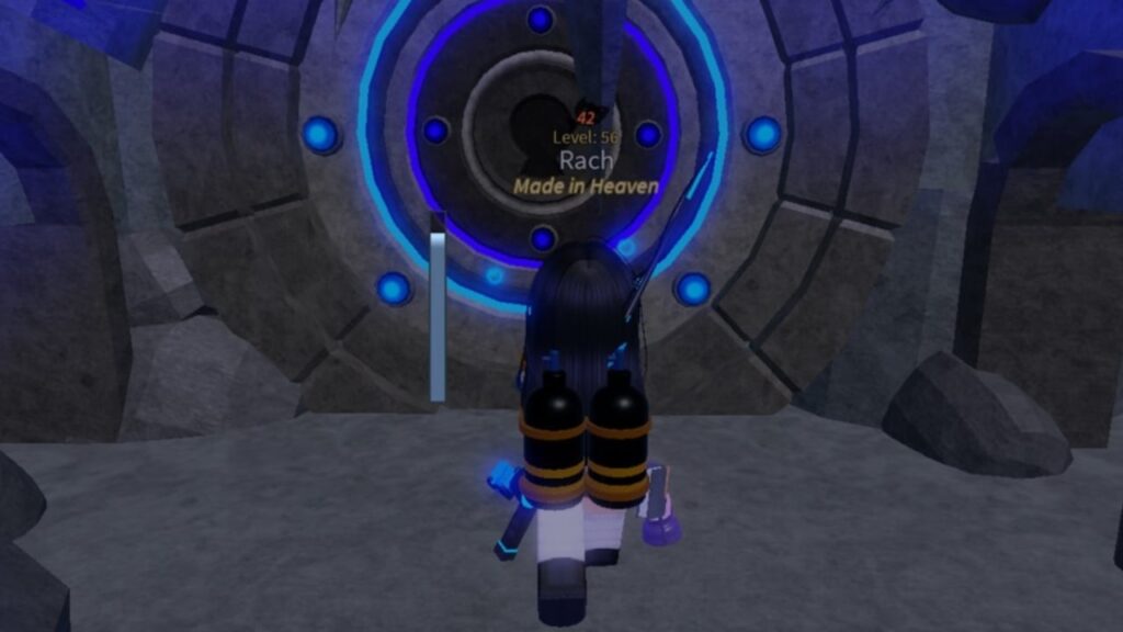 Feature image for our Fisch Abyssal Specter Rod guide. Image shows a character swimming underwater facing a large circular blue door and two rooms either side.