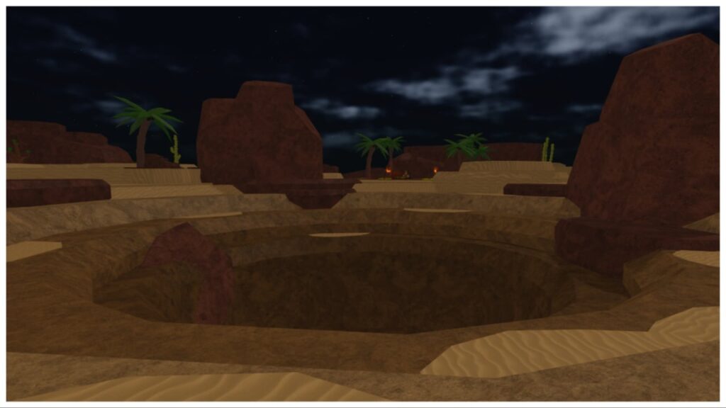 Feature image for our dig it colossal worm guide showing the pit of the badlands at nighttime which opens into a wide hole in the floor surrounded by mud and sand