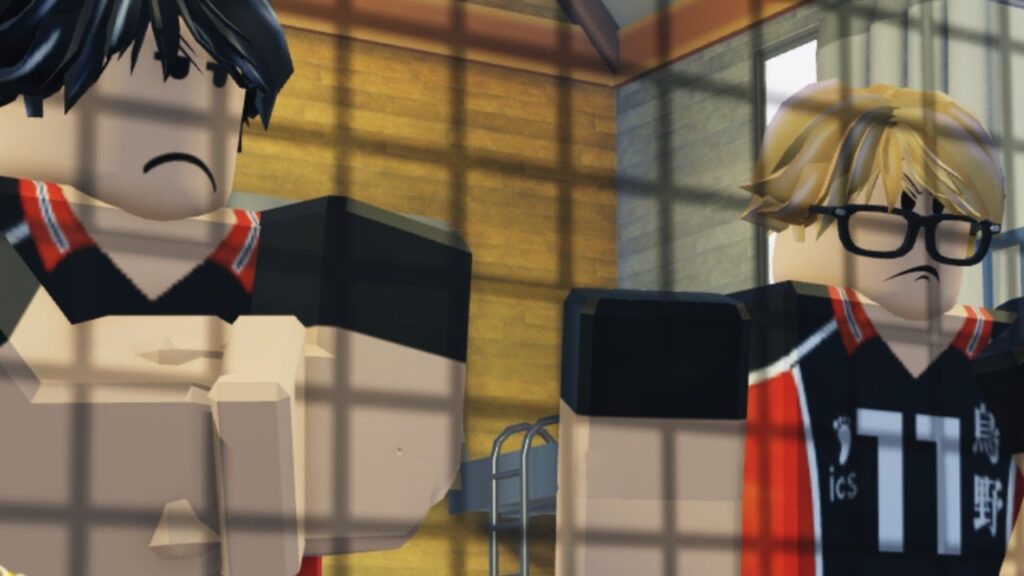 Feature image for our Haikyuu Legends style tier list. It shows two Roblox characters in the uniform of volleyball players, looking through a net disapprovingly.