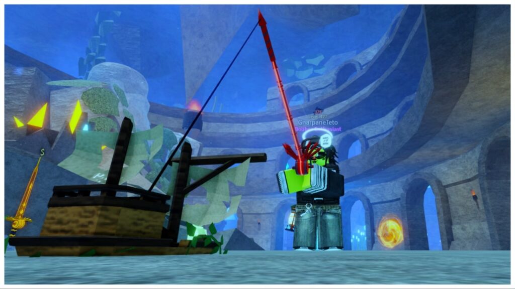 Feature image shows a player casting a rod with their unique shipwreck bobber in focus in the bottom left of the screen. The bobber isnt resting on water as to keep it still for the picture