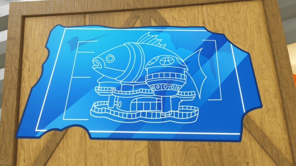 Feature image for our Fisch Mariana's Veil update content guide. It shows a plan of a fish-shaped building found on a crate in-game.