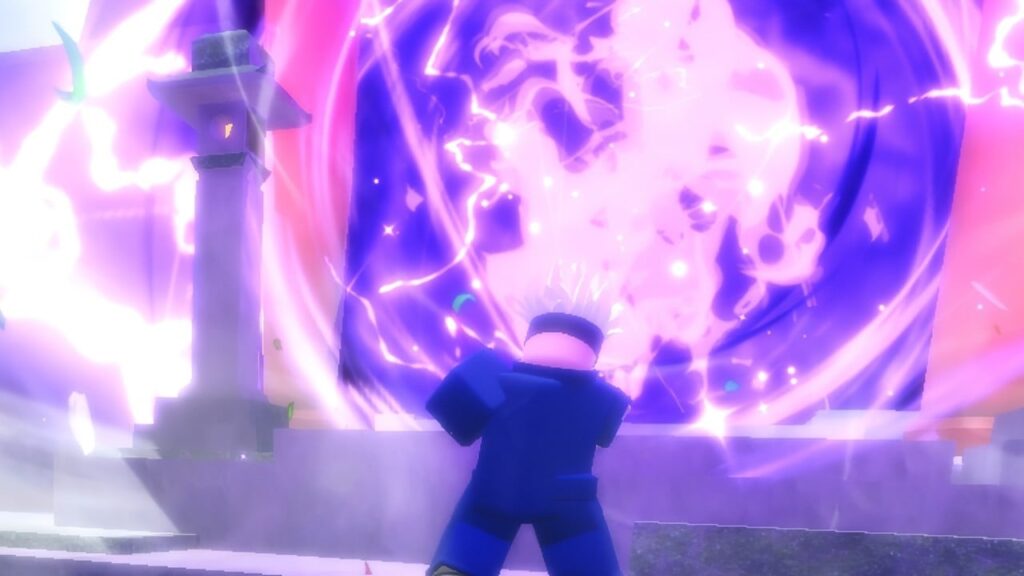 Feature image for our Jujutsu Odyssey codes guide. It shows a Roblox character who resembles Gojo, in front of a wall of sparking purple energy.