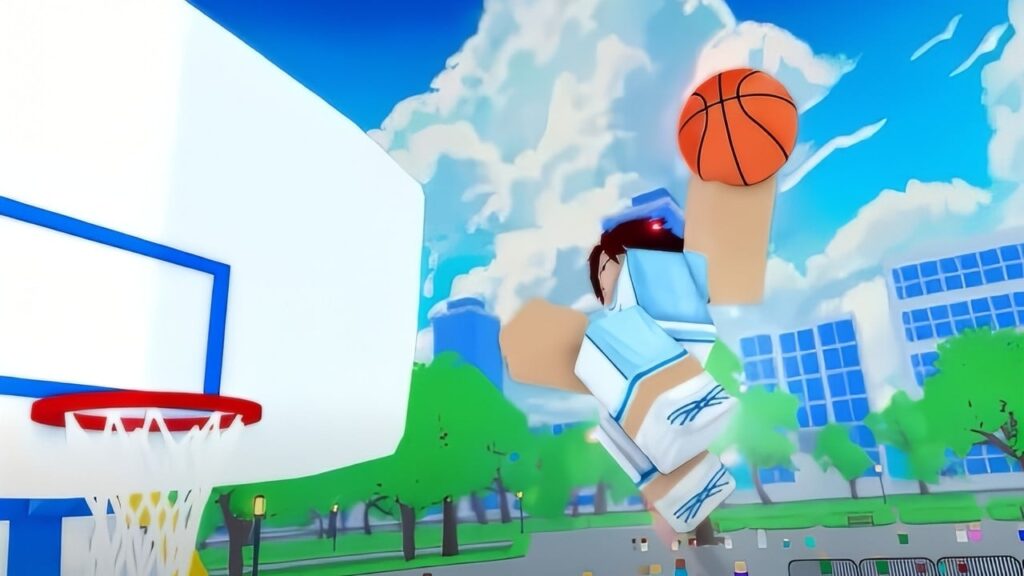 Feature image for our Kuroku's Basket Controls guide. It shows an image from the game, with a player dumping up toward a basketball hoop to slam dunk the ball.