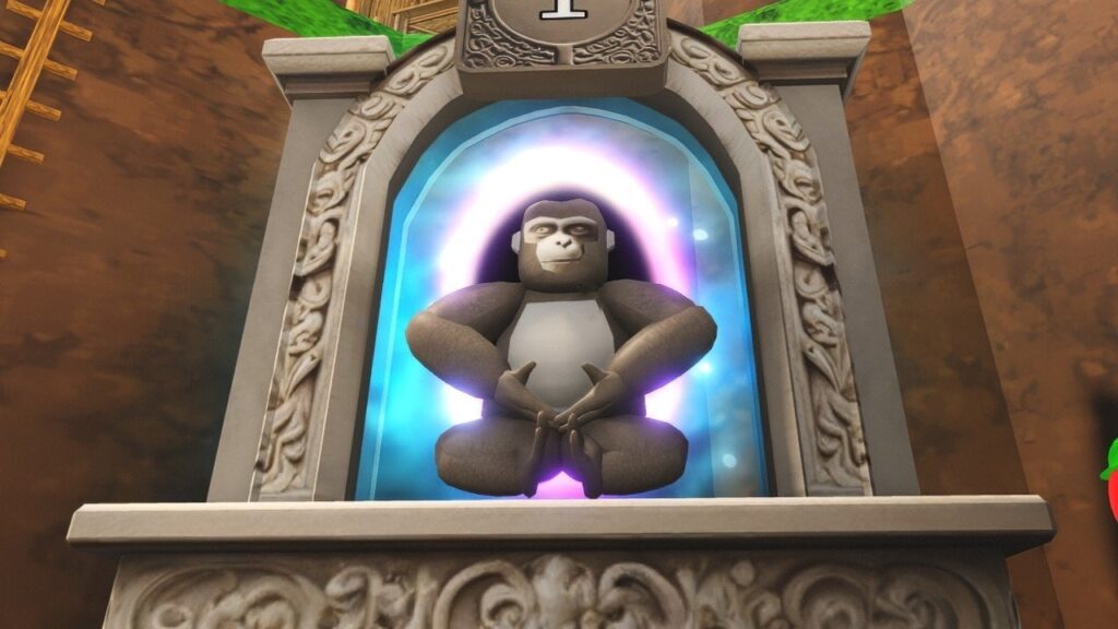 Feature image for our My Monkey Army codes guide. It shows a shrine in game with a glowing portal, a monkey statue sat in the center.