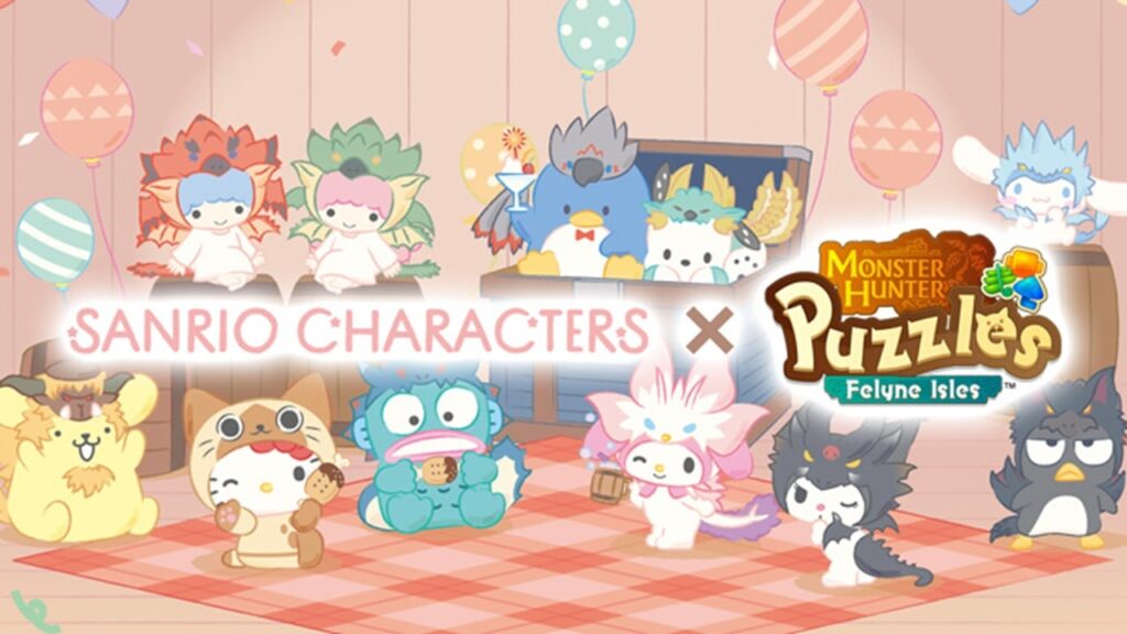 feature image for our news on Monster Hunter Puzzles Felyne Isles Sanrio. It features multiple Sanrio characters like My Melody, Kuromi, Hello Kitty and others in different outfits.