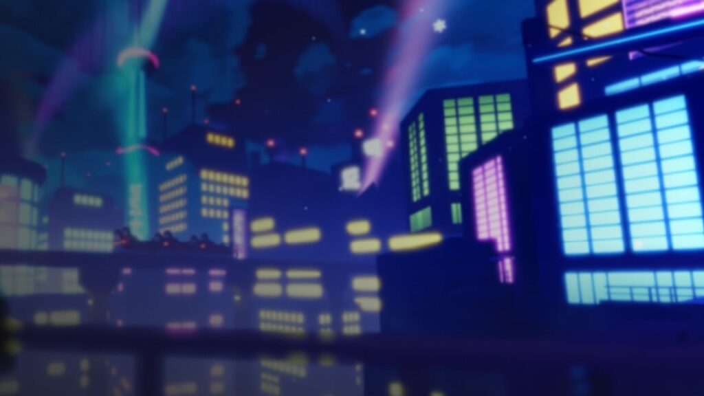 Feature image for our Anime Adventures Update 20 codes guide. It shows the Anime Adventures skyline lit up.