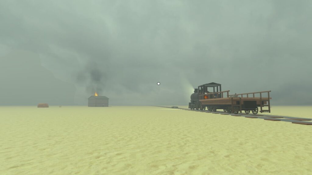 Feature image for our Dead Rails update guide. It shows a train on the tracks in-game, under a grey sky.
