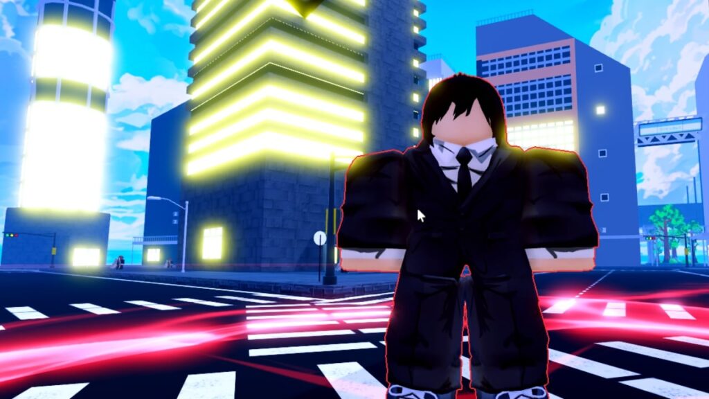 Feature image for our Arise Crossover codes guide. It shows a view in-game of an enemy in a suit, who resembles Aki from Chainsaw Man.