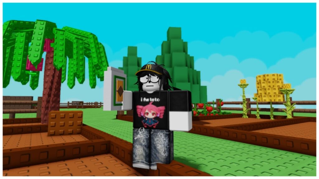 Feature image for our how to get super seed packs in grow a garden guide showing a player holding a seed packet in hand on their farm plot