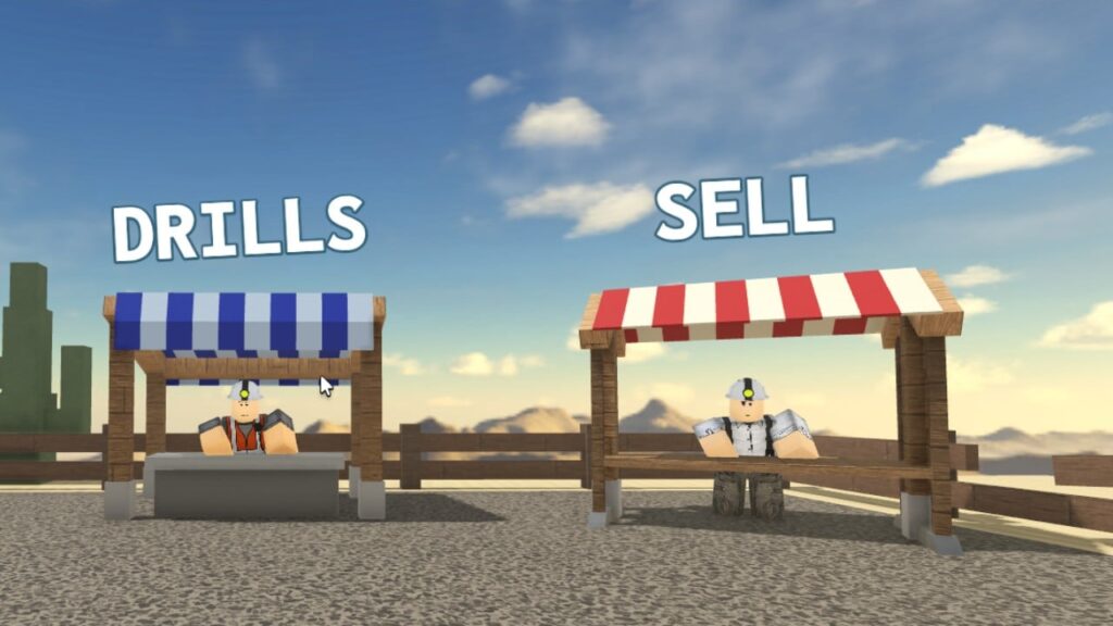 Feature image for our Untitled Drill Game codes guide. It shows the ore-selling and drill stall in-game.