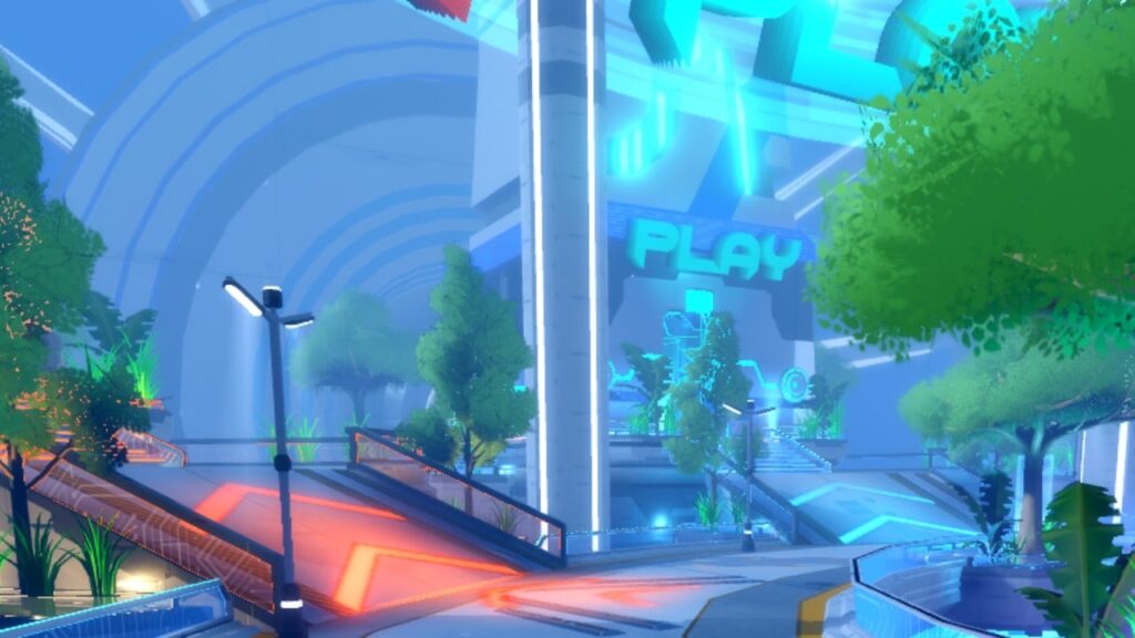 Feature image for our Anime Rangers X update 1 codes guide. It shows the brightly-colored cyberpunk-themed lobby.