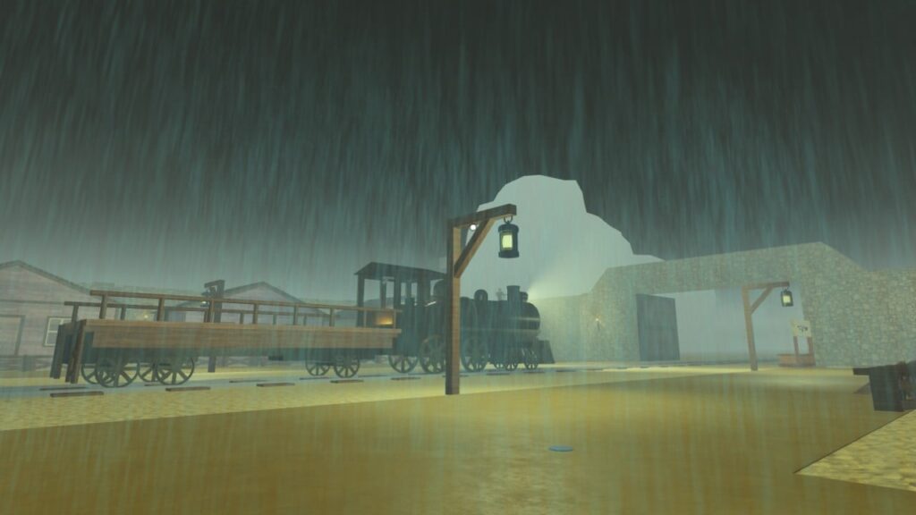 Feature image for our Dead Rails liquids guide. It shows a train at a fort station, as rain falls from above.