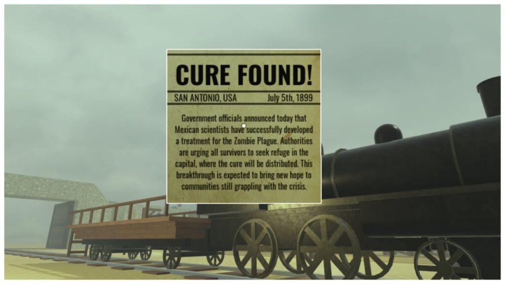 Feature image for our dead rails potion tier list showing the cure found poster in the centre of the screen with the default train visible in the background