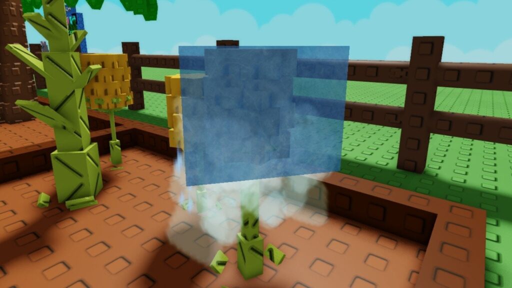 Feature image for our Grow A Garden Frozen Mutation guide. It shows a corn crop, frozen in a block of ice.