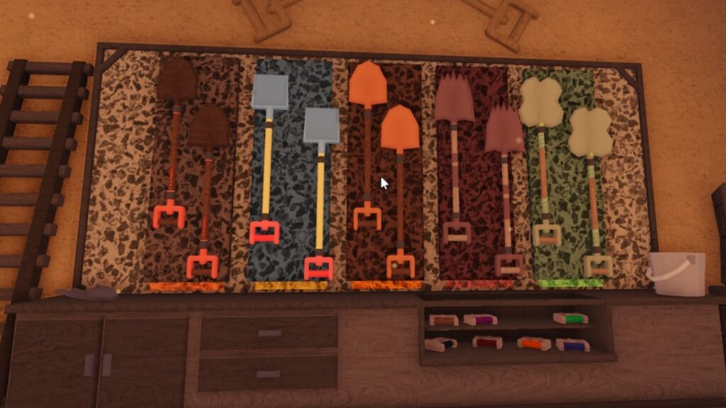 Feature image for our beginner's guide on how to play Dig. It shows a number of shovels on the wall of Rocky's Shovel Shop in-game.