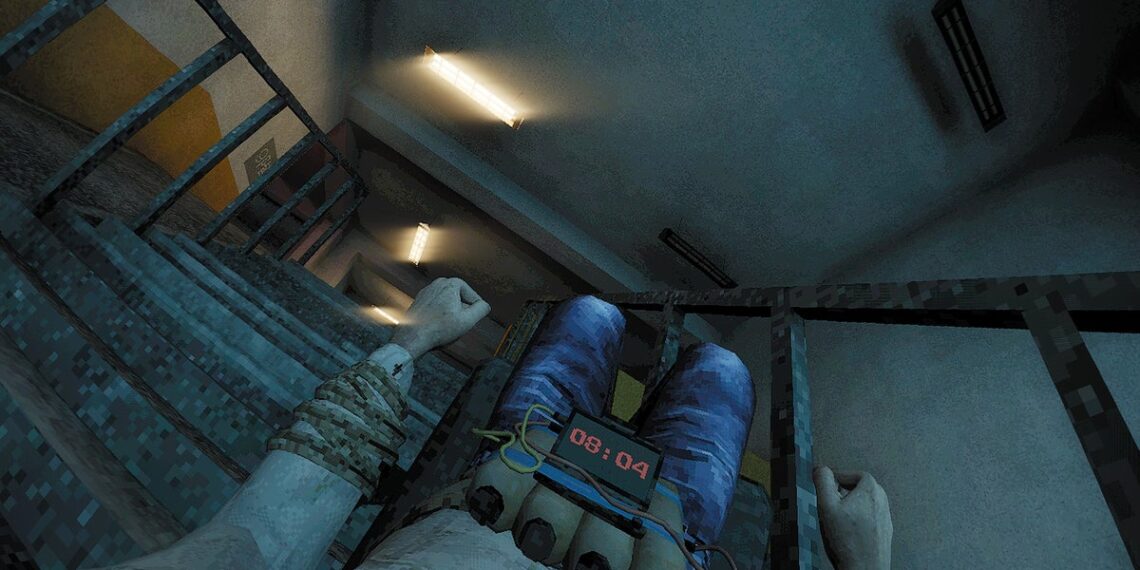 I am strapped to a rolling administrative center chair with a ticking timer in an enormous horrifying construction