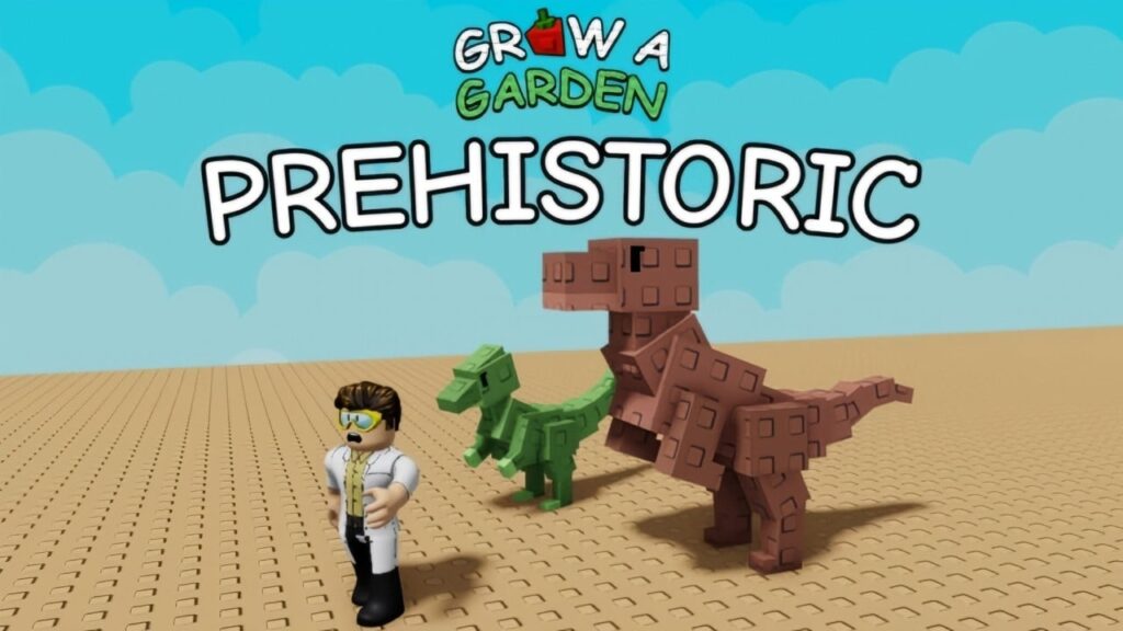 Feature image for our guide on the Grow A Garden Prehistoric update guide. It shows an image where a scientist character runs away from two dinosaurs.