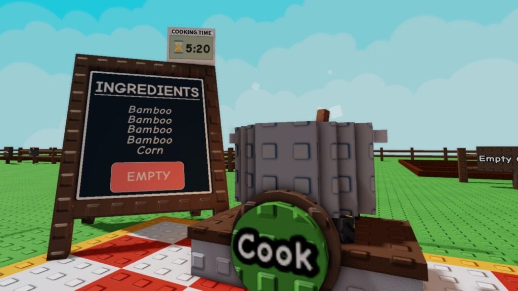 Feature image for our Grow A Garden cooking recipes guide. It shows the cooking station in game, with a large cooking pot.