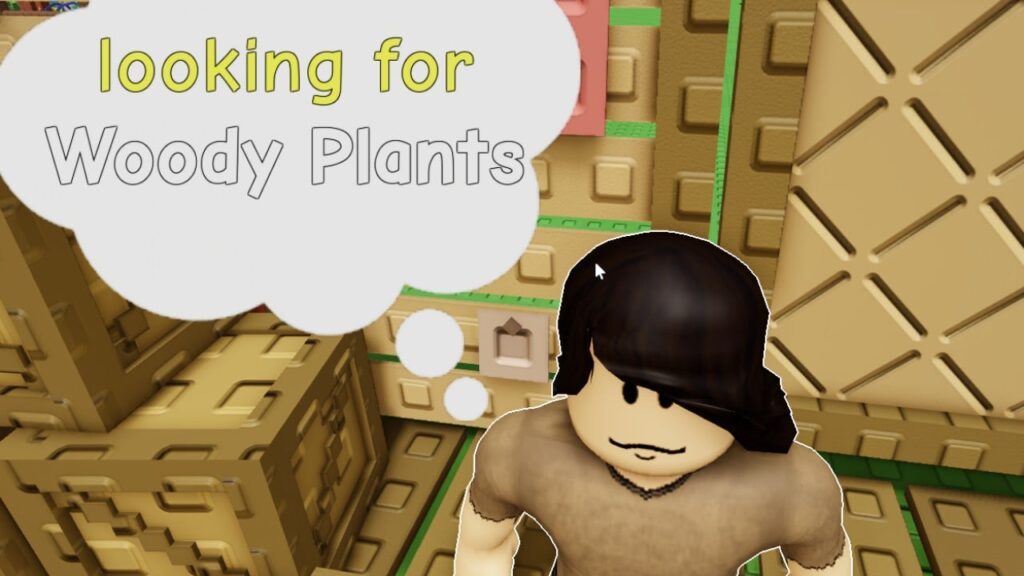 Feature image for our Grow A Garden woody plants list. It shows an NPC asking for woody plants.