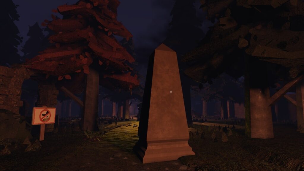 Feature image for our Roblox Doors Monument guide. It shows an obelisk object placed suspiciously halfway across the path.