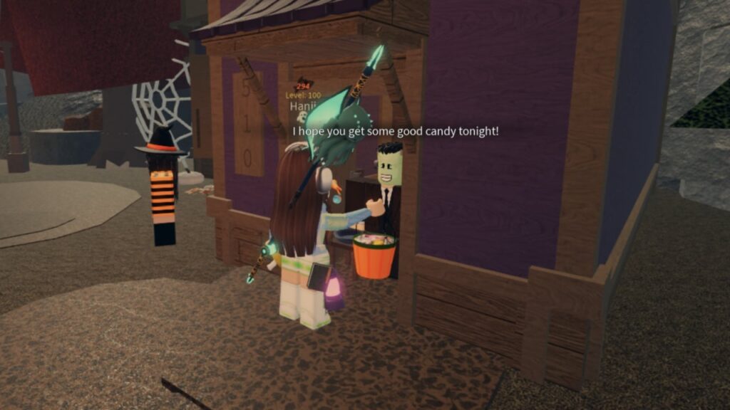 Feature image for our Fisch Jack-o-Blazer Rod guide showing a character going trick-or-treating at a house.