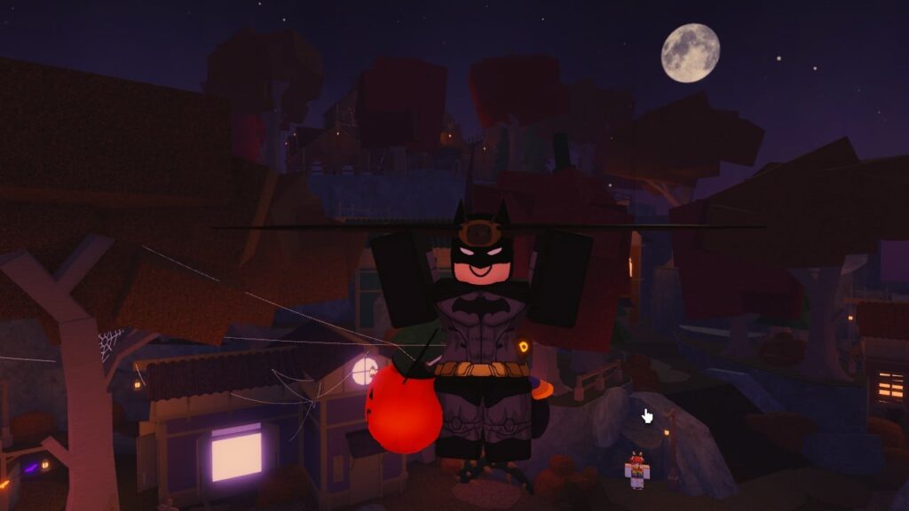 Feature image for our guide on how to get the Fisch Bat Glider. It shows a player character dressed as Batman gliding down across Crook's Hallow on the Bat Glider.