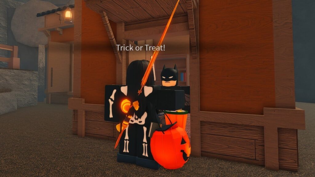 Feature image for our Fisch Trick Or Treat guide. It shows a player character in a skeleton costume greeting a resident in a Batman costume at their door.
