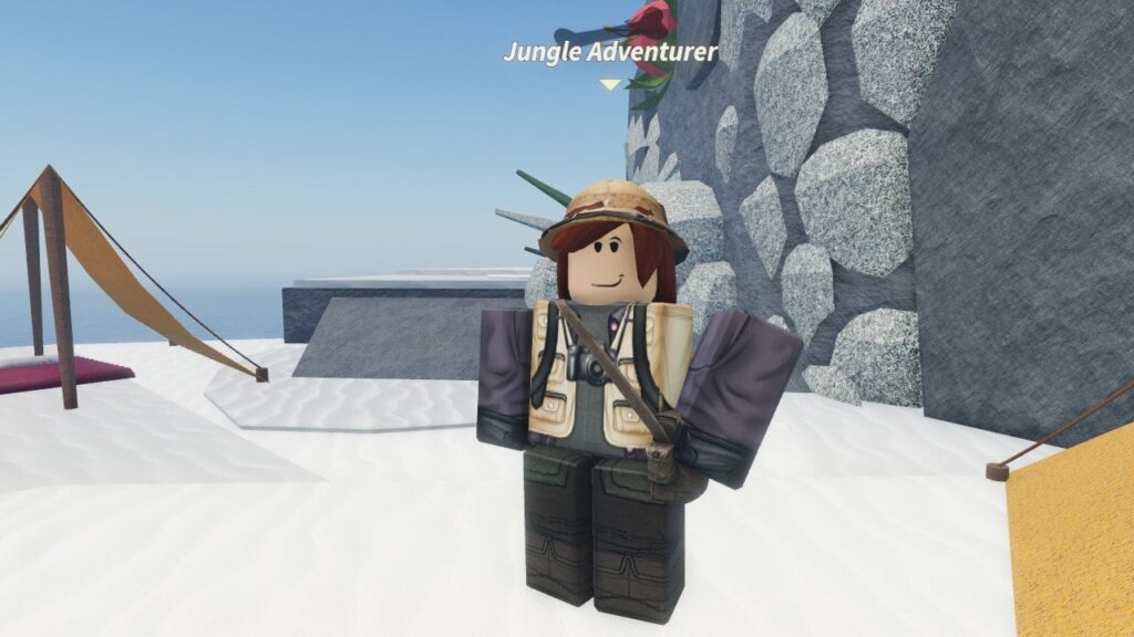 Feature image for our Fisch Vinefang Rod guide. It shows the Jungle Adventurer NPC in Jungle's Echo.
