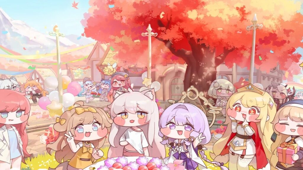 Feature image for our Trickal Chibi Go tier list. It shows the cast of characters standing in a garden under a large tree with red leaves.