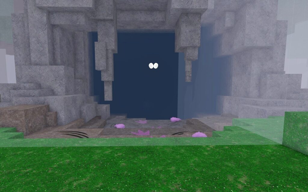 Feature image for our guide on the 99 Nights In The Forest Bat. It shows the Bat Cave with two glowing eyes staring out from the darkness.