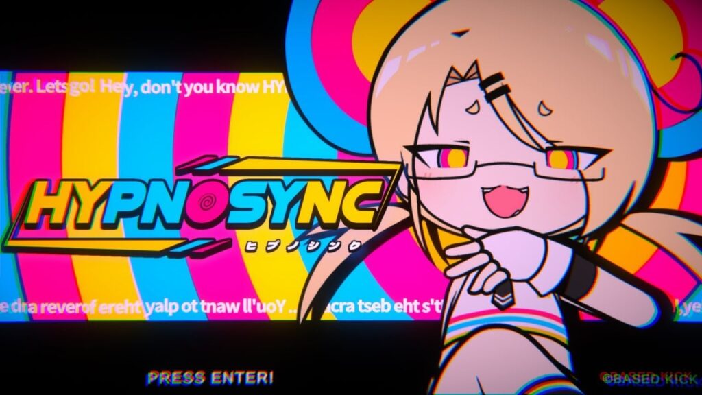 featured image for our news on HYPNOSYNC rhythm game. It shows a neon-pattern of rainbow and a chibi character on the right.