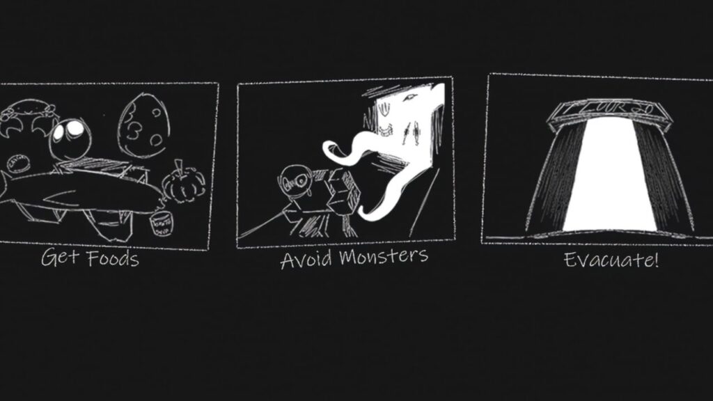 Feature image for our Deadly Delivery codes guide. It shows the tutorial image for Deadly Delivery, with the different steps, 'Get Foods', 'Avoid Monsters', and 'Evacuate'.