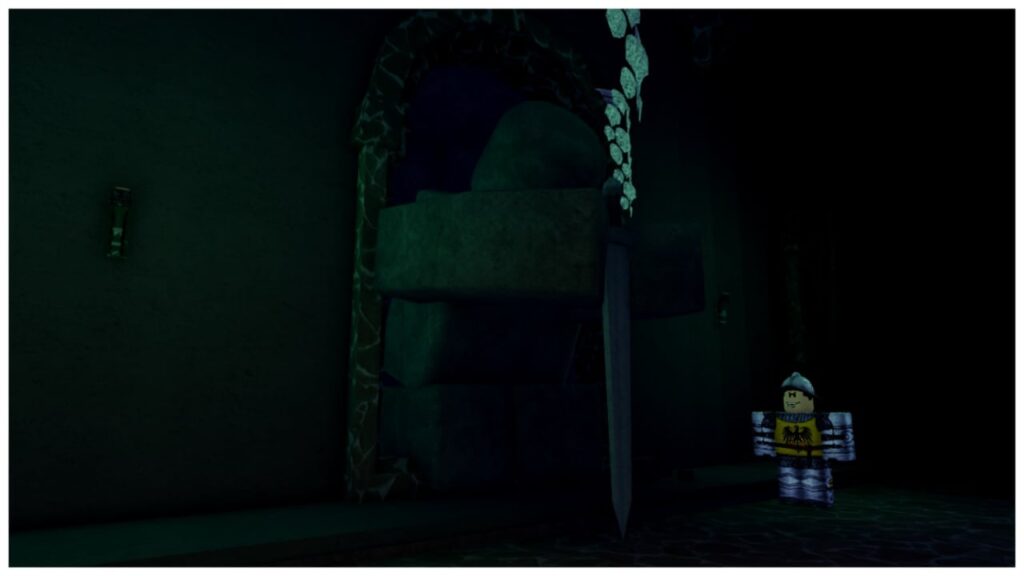 Feature image for our fisch lantern locations guide showing the inners of the cultist lair with a statue holding a sword hilt and leaning over. Beneath this is a knighted guard.