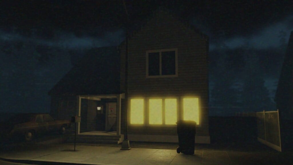 Feature image for our Short Creepy Stories Don't Clap Twice walkthrough. It shows a house in-game after dark, the downstairs lights turned on.